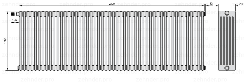 Схема (чертеж) Радиатор Zehnder Charleston 6180/50 №V011 Белый глянцевый RAL 9016